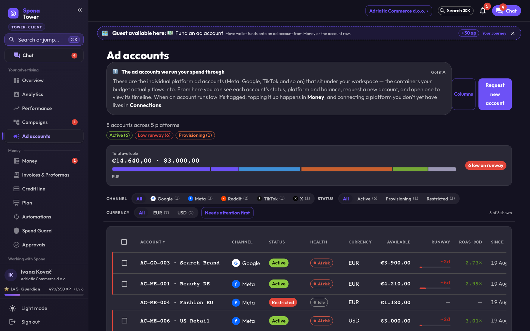 Earlier Full-view interface: Ad accounts with each account, platform and status.